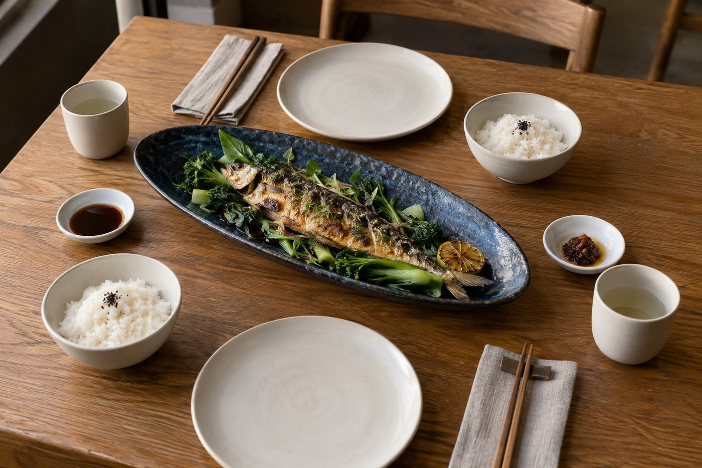 A repeated ivory dinnerware core surrounding one distinctive blue-black presentation platter