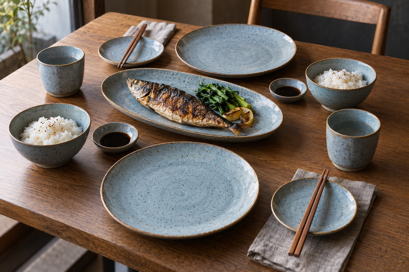 Plates, bowls, cups and servingware sharing the same pale blue glaze and rim pattern