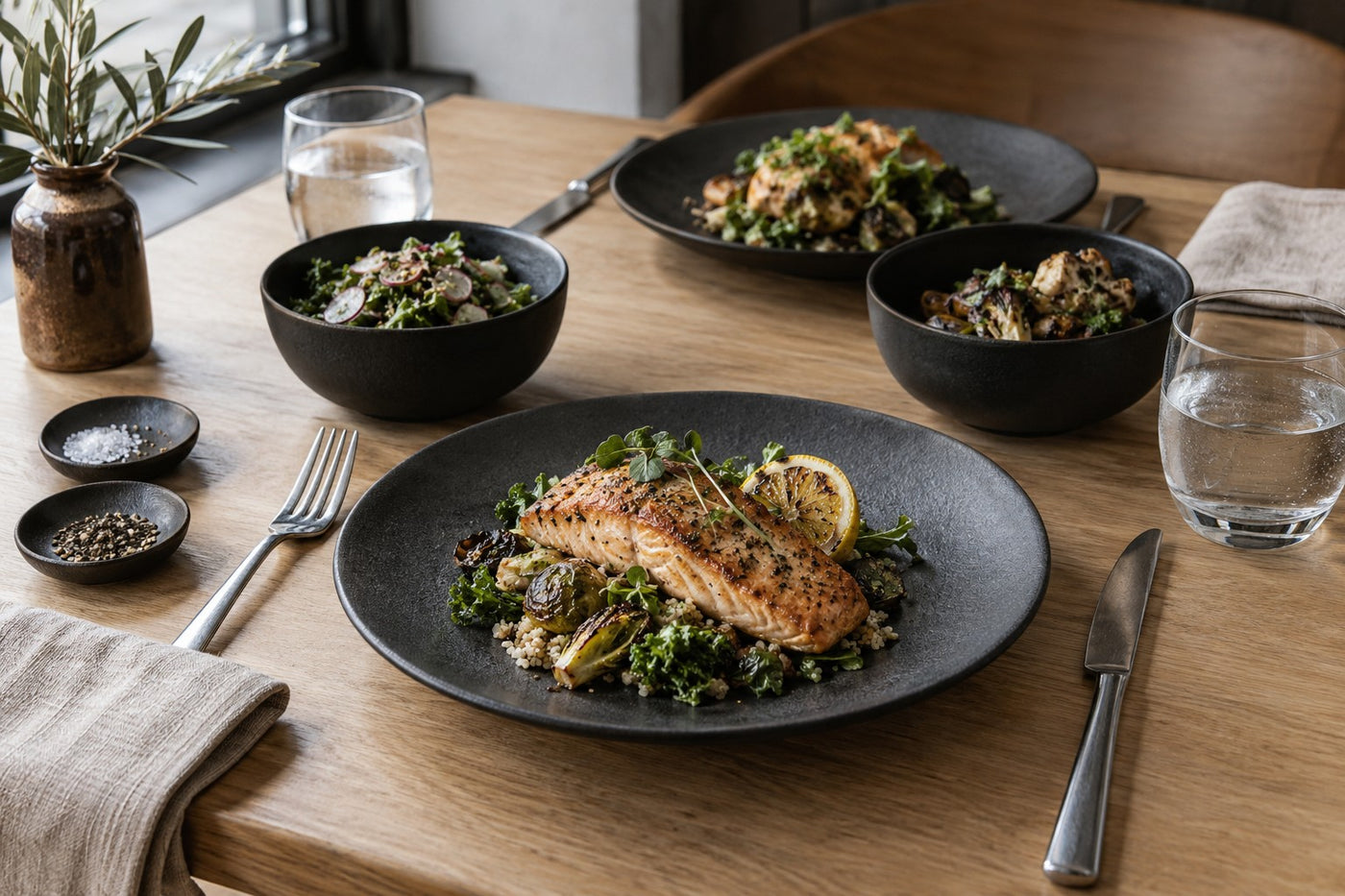 Charcoal dinnerware with warm linen and contrasting food on a light wood table