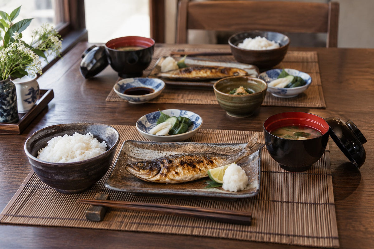 Rice, miso soup, grilled fish and small side dishes served in coordinated Japanese tableware