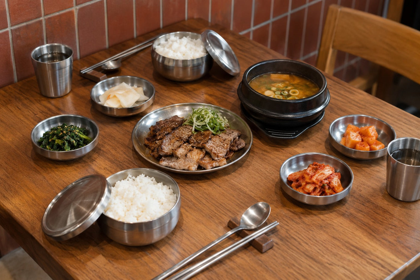 Brushed stainless rice bowls and compact banchan dishes in Korean restaurant service