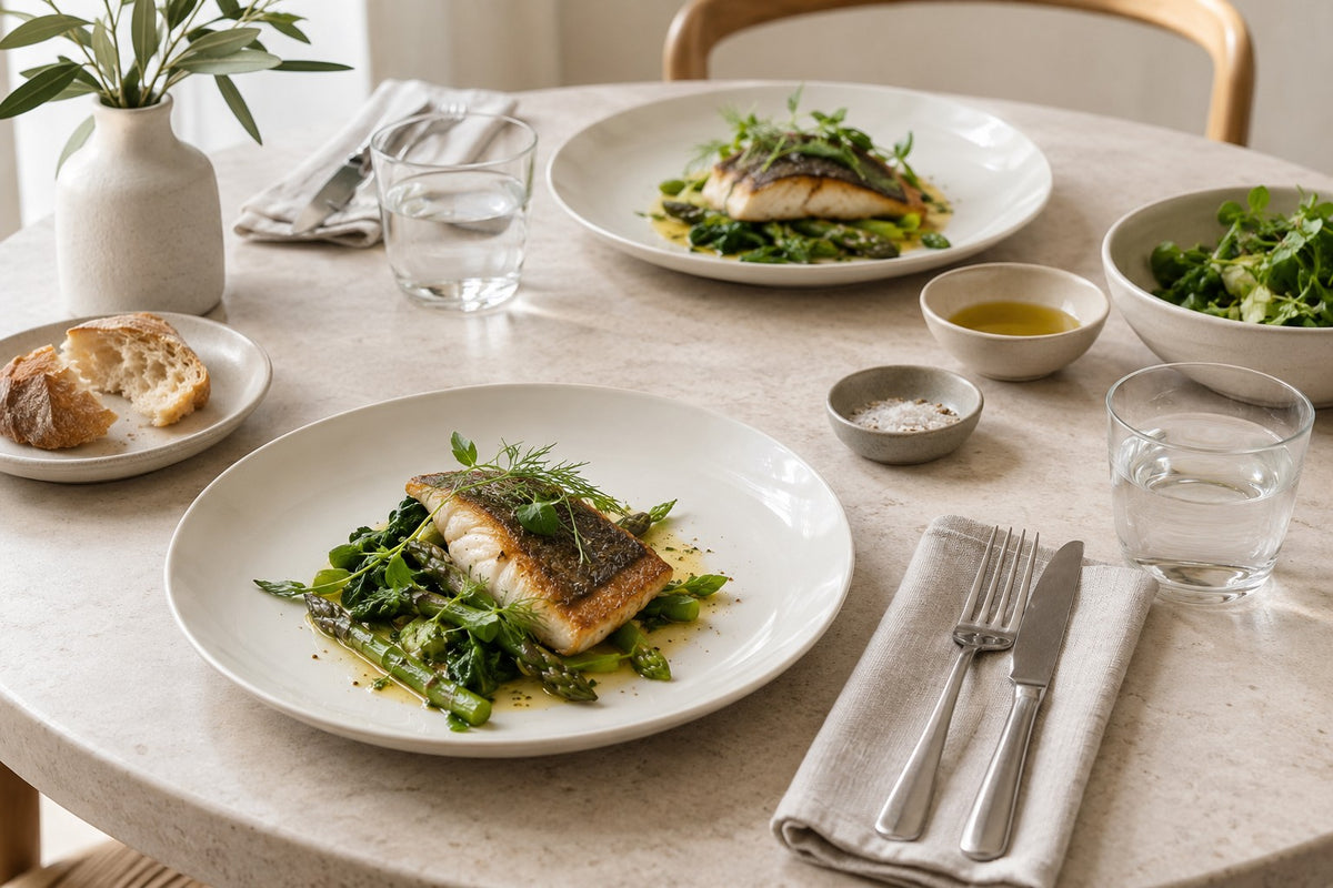 Light neutral Japanese tableware with colorful food