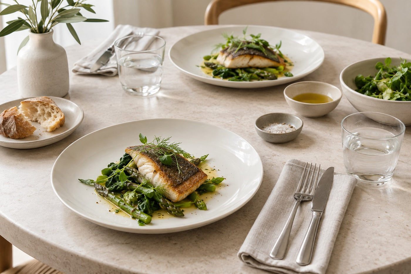 Quiet white and ivory porcelain framing fish and vegetables in a light restaurant setting