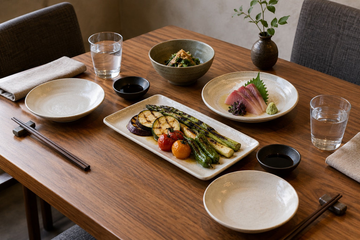 Modern Japanese tabletop joining quiet ivory forms with restrained charcoal and mineral accents