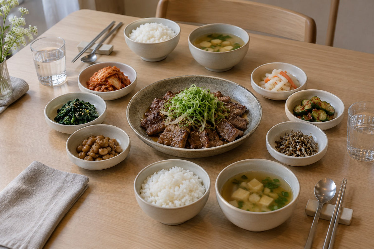 Contemporary Korean service with repeated rice and soup bowls, small banchan dishes, a shared meat plate and metal utensils.