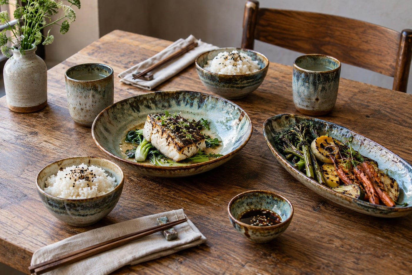Blue-green, cream and earthy reactive glazes across a coordinated restaurant tabletop