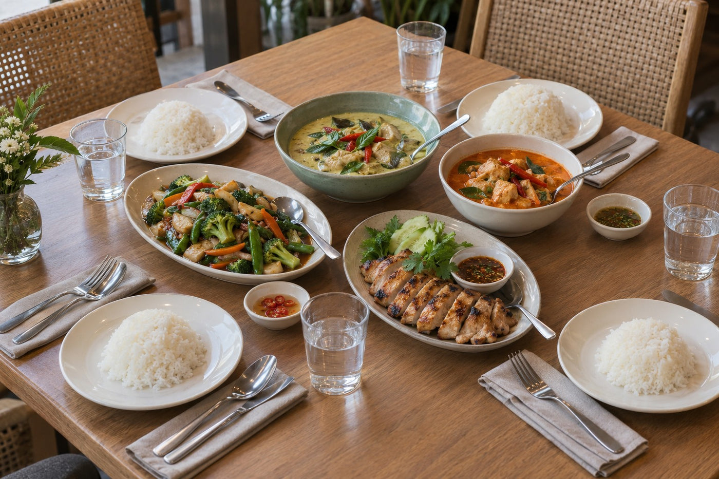 Four individual rice plates around shared Thai curry bowls and entrée platters