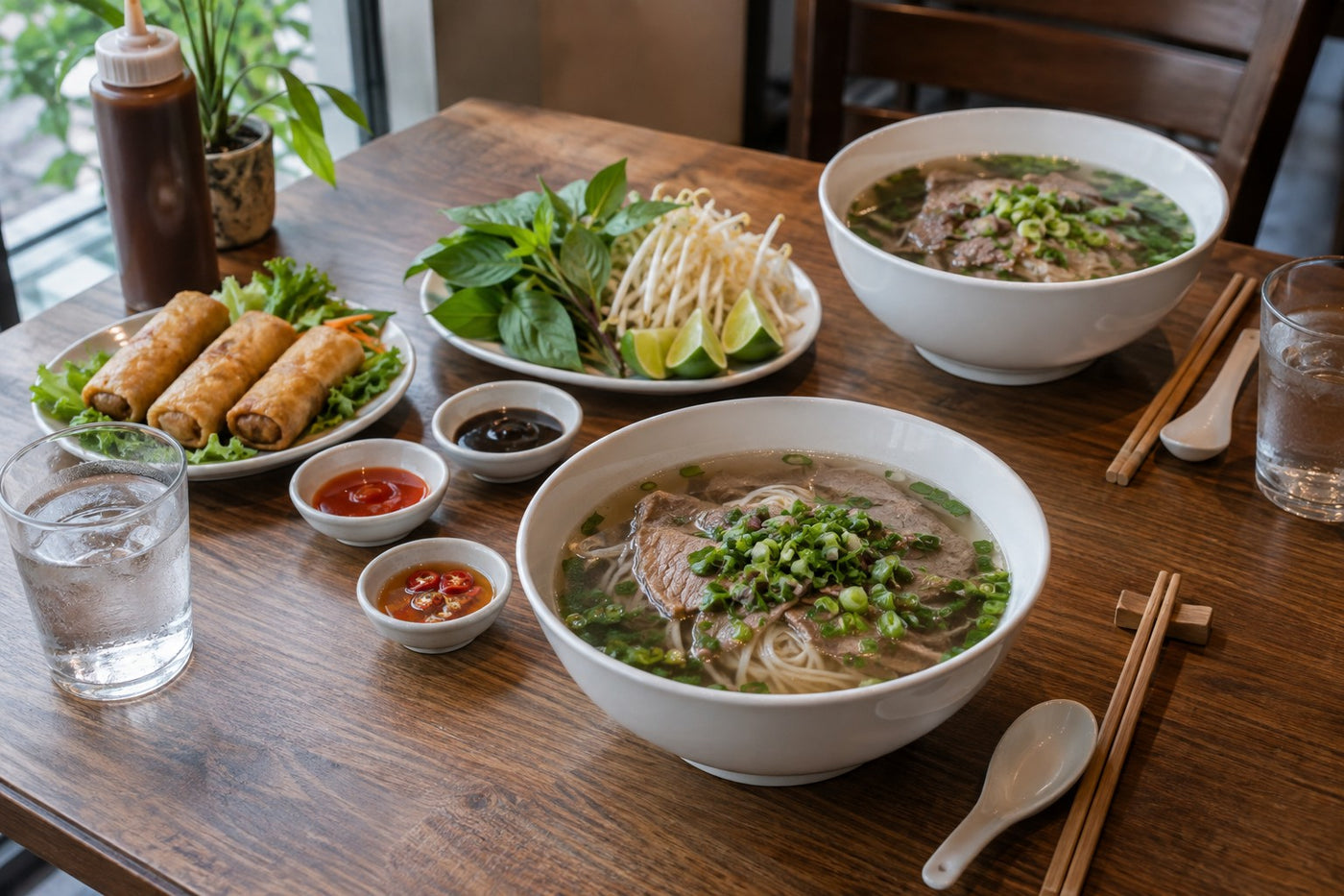 Vietnamese restaurant service with two pho bowls, shared herbs, dipping dishes and individual chopsticks and spoons