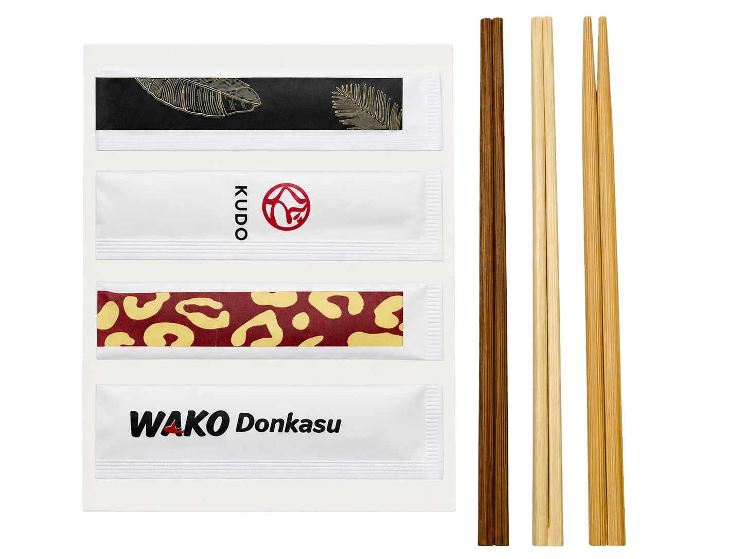 Finished custom printed paper chopstick sleeves with disposable chopsticks displayed separately beside them