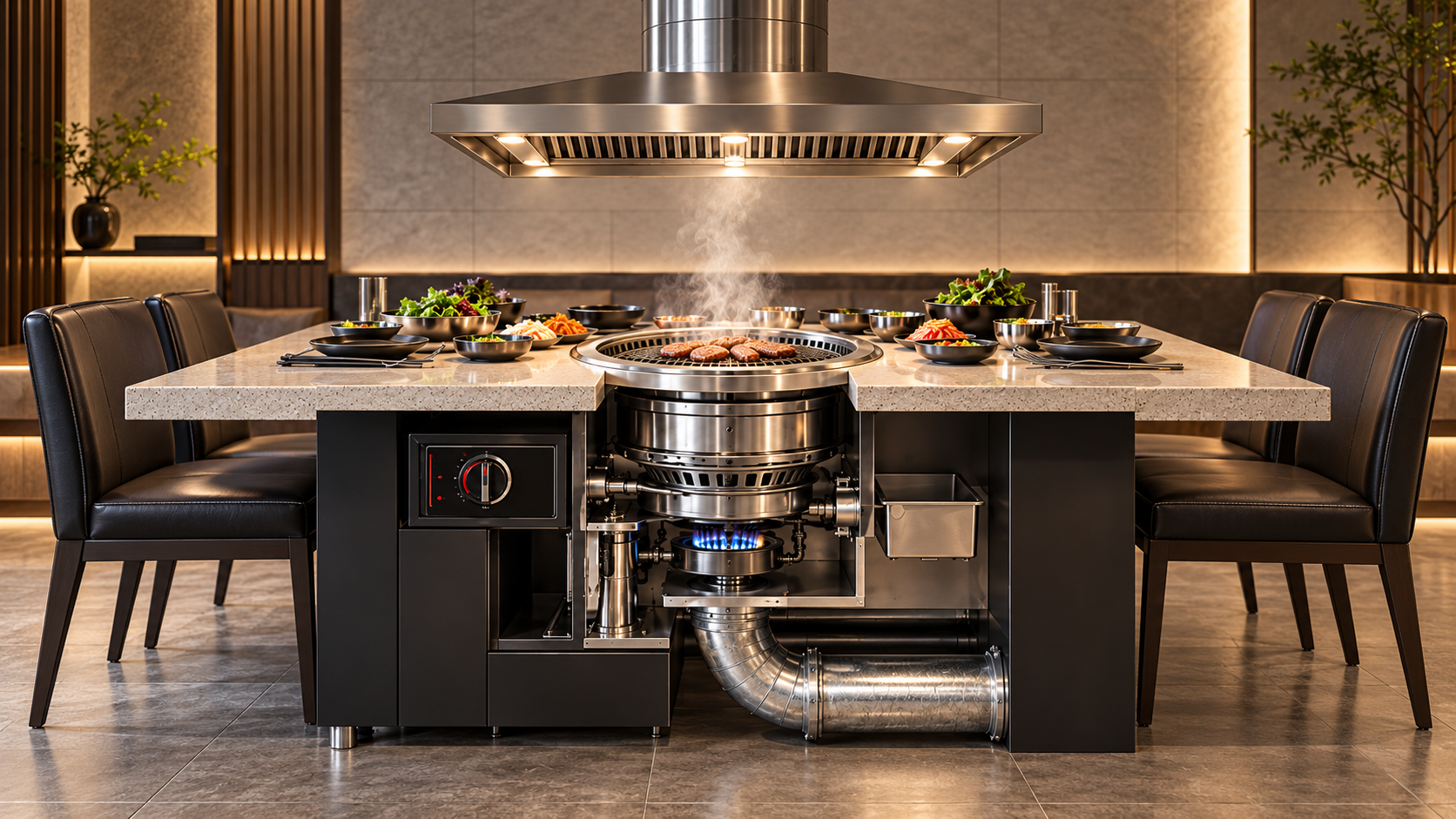 Commercial Korean BBQ grill and ventilation dining system