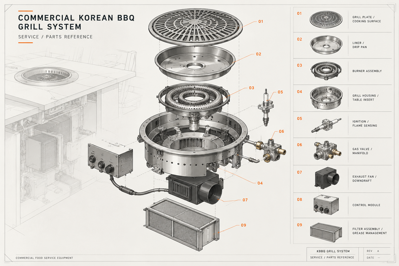 Exploded technical reference illustration of a commercial Korean BBQ grill system and replacement components