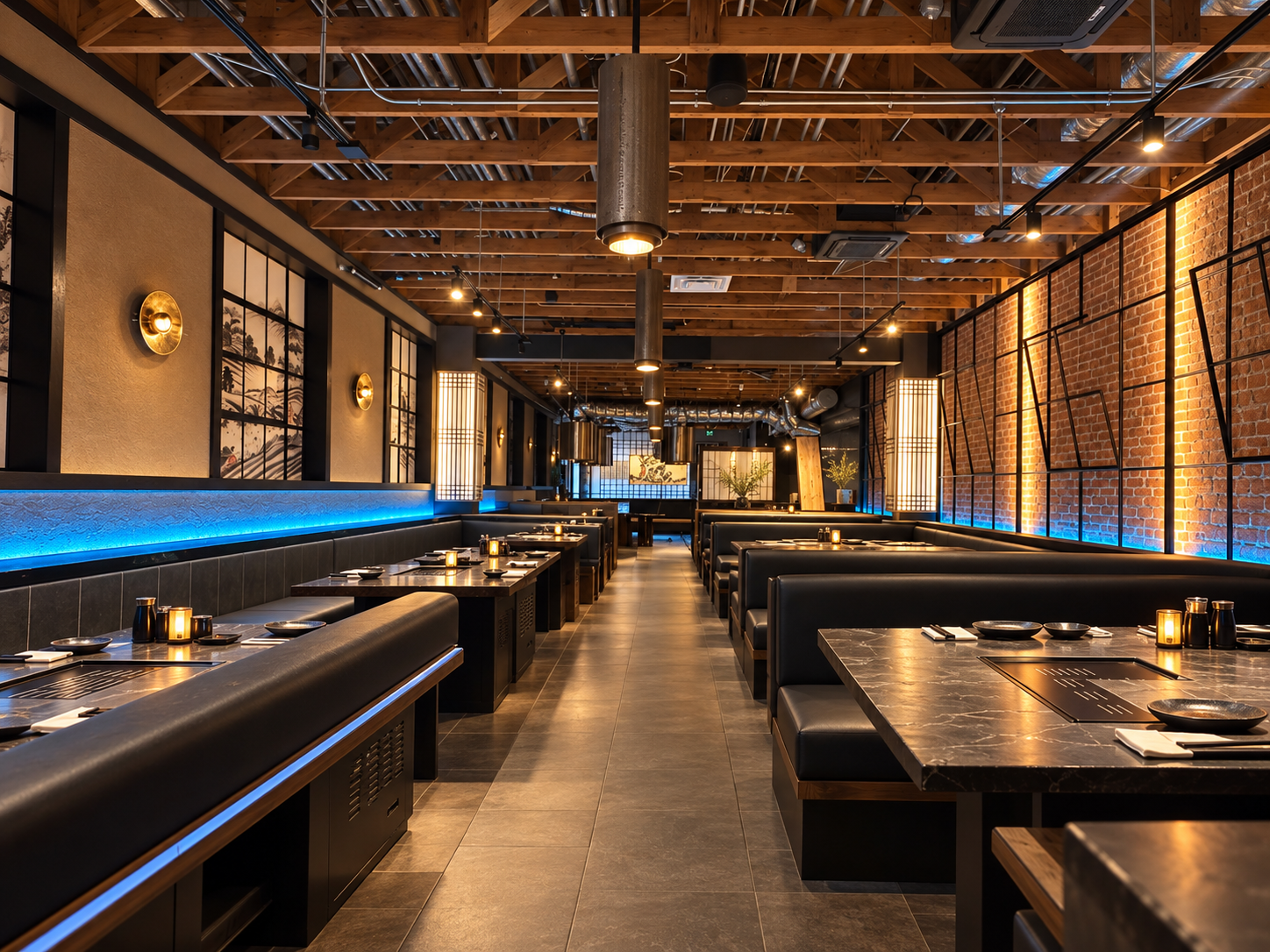 Korean barbecue dining room with tabletop grills, booth seating and overhead ventilation.