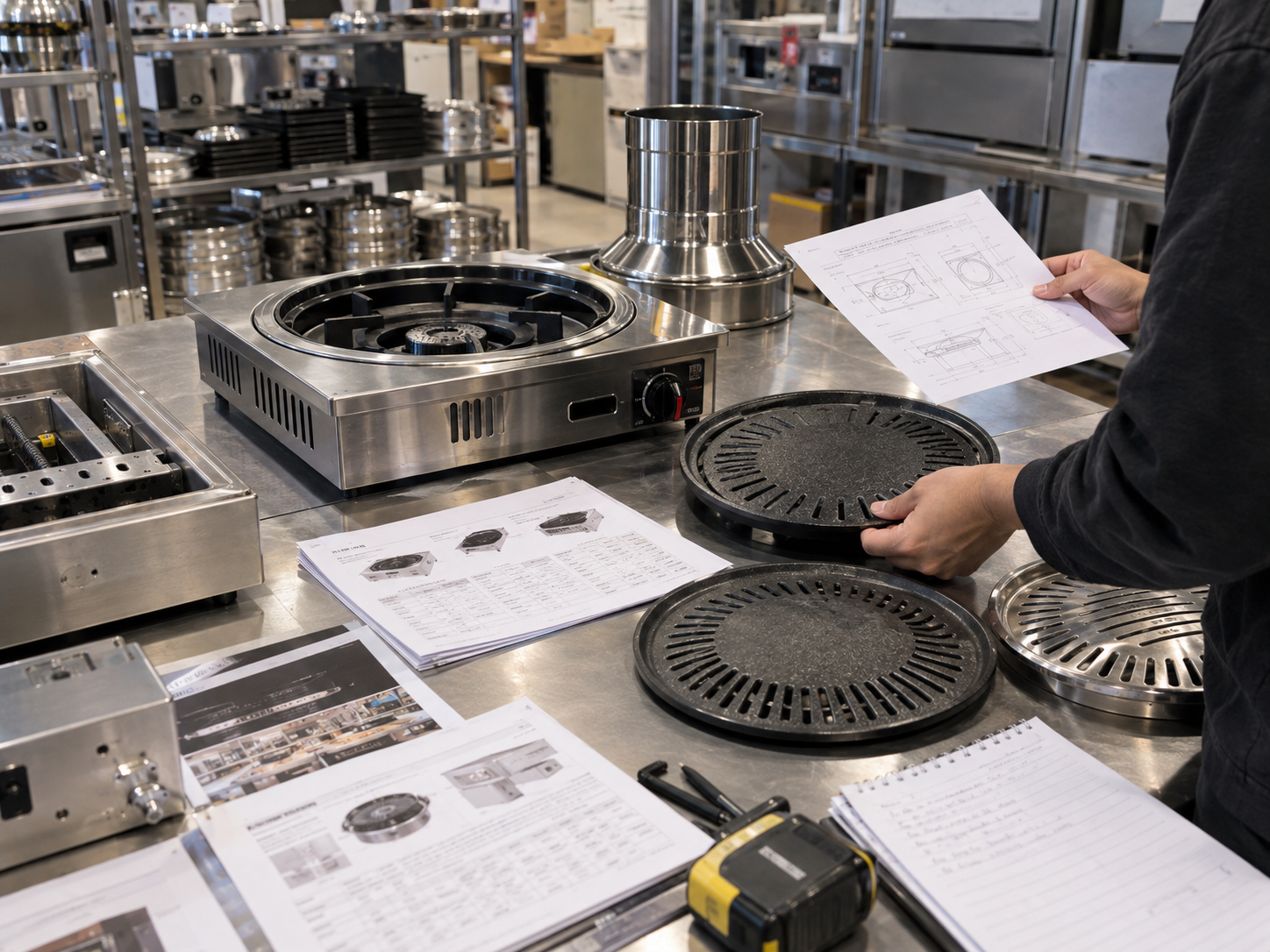 Reviewing Korean BBQ grill components, cooking plates and equipment drawings before purchase