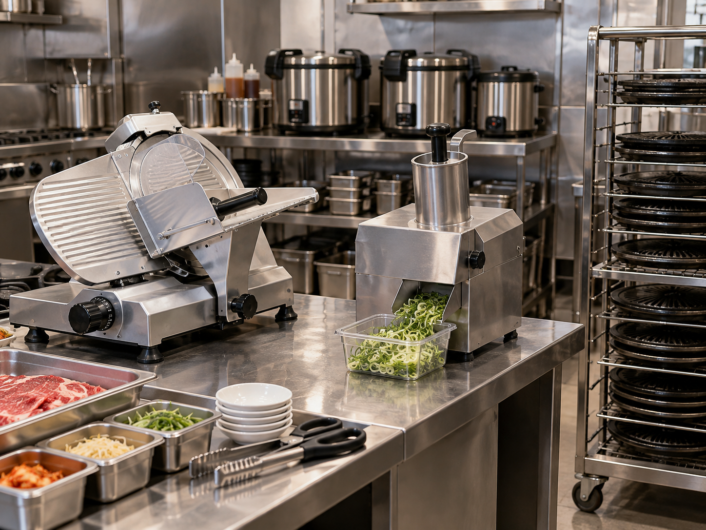 Meat slicer, vegetable prep machine, rice equipment and grill-plate rack in a commercial Korean BBQ kitchen