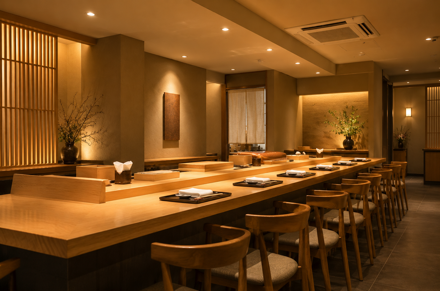 Wooden omakase counter with individual place settings, counter seating and warm lighting.