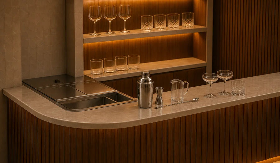 Moodily lit beverage counter with premium glassware and bar tools