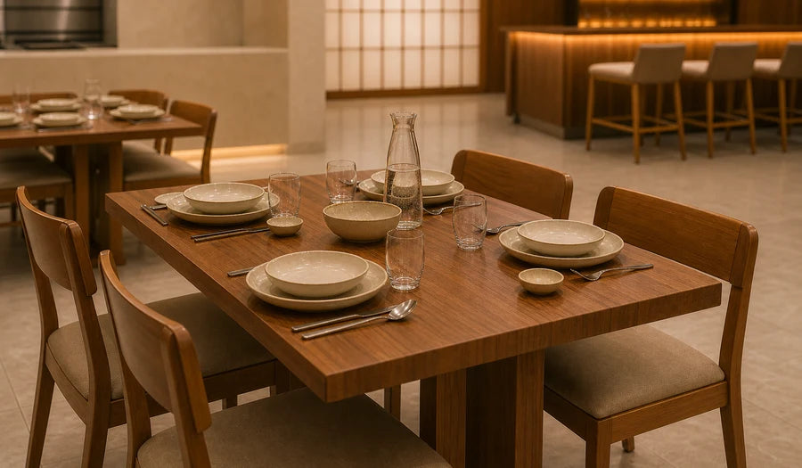 Warm restaurant dining table with coordinated dinnerware, flatware and glassware