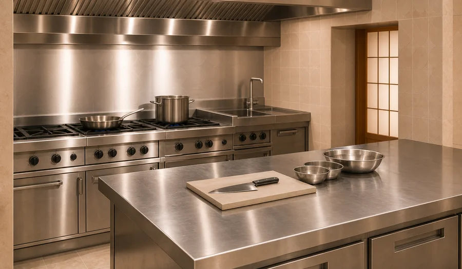 Commercial prep station with cookware and preparation tools