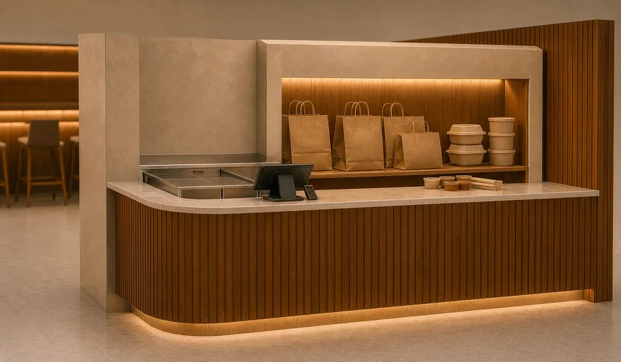 Takeout counter with food containers, kraft bags and sauce cups