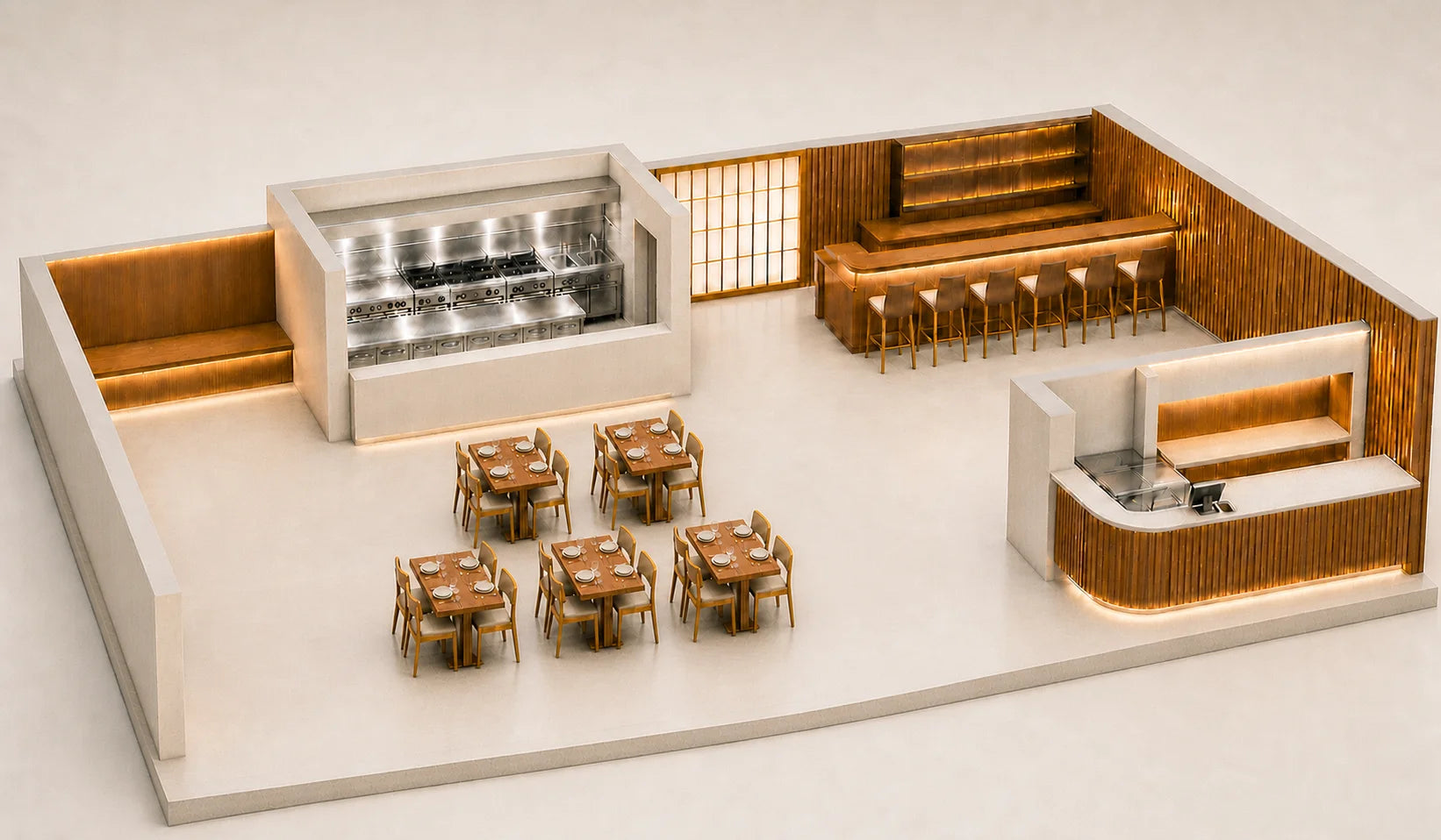 Open restaurant with five warmly set dining tables, a commercial kitchen, beverage bar and complete takeout counter
