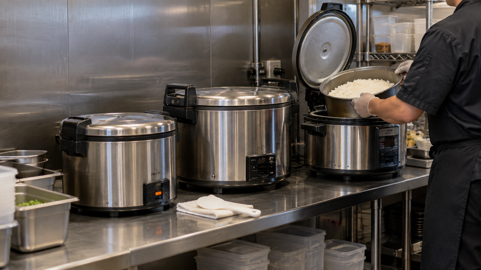 A kitchen worker lifts a pan of rice beside commercial rice cookers.