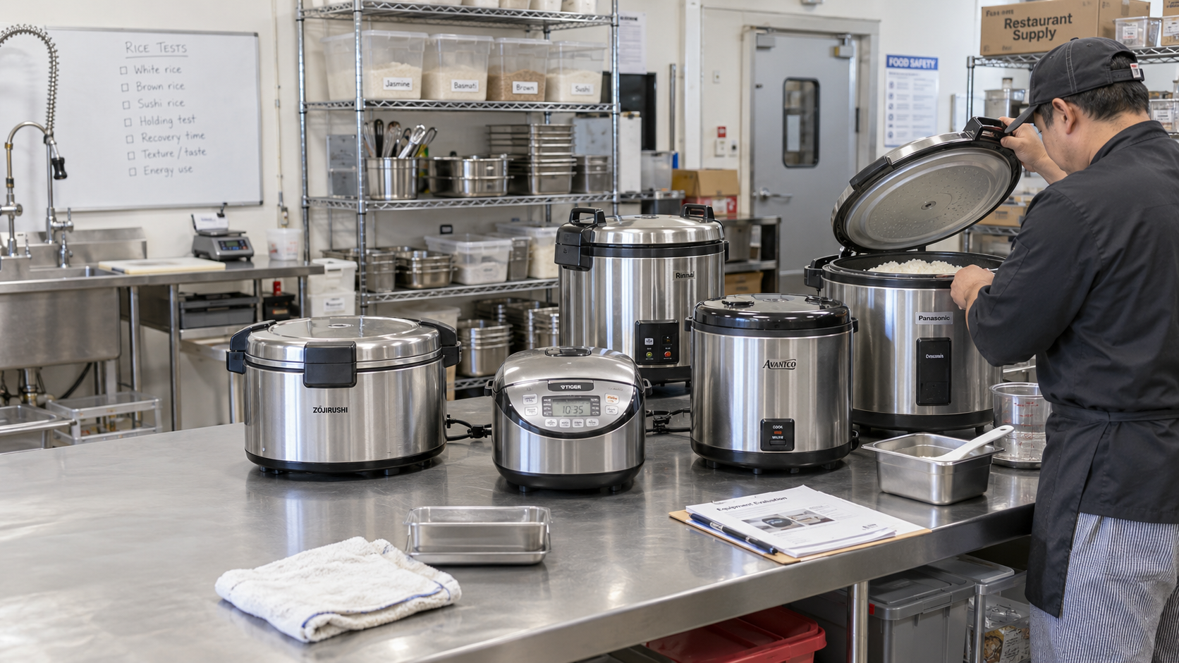 Commercial rice cookers on a stainless-steel workbench while a kitchen worker inspects a cooked batch.