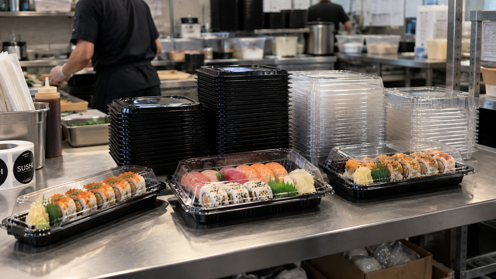 Stacks of black sushi trays and clear lids beside packed sushi orders in a restaurant kitchen.