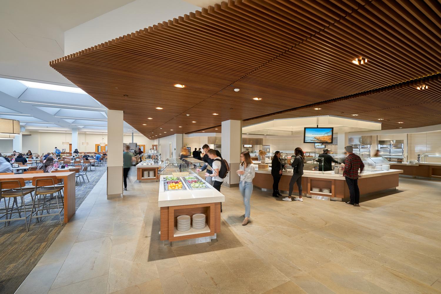 University dining hall with food-service counters, communal seating and a timber ceiling.
